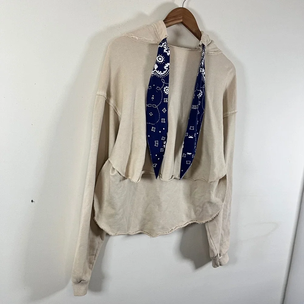 Free People Backyard Hoodie Ecru Combo Cropped Womens Size Small